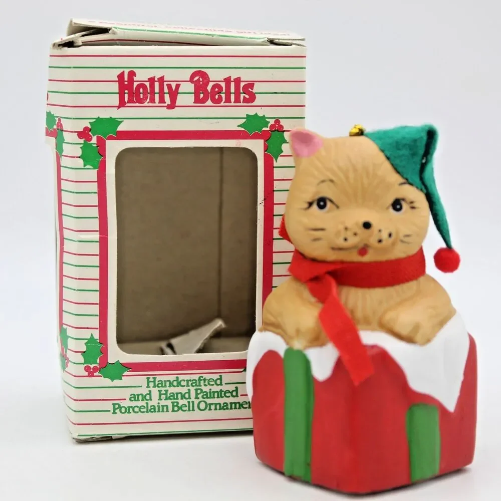 Holly Bells Porcelain Kitty Cat Bell Ornament Vintage 1986 Original Box a